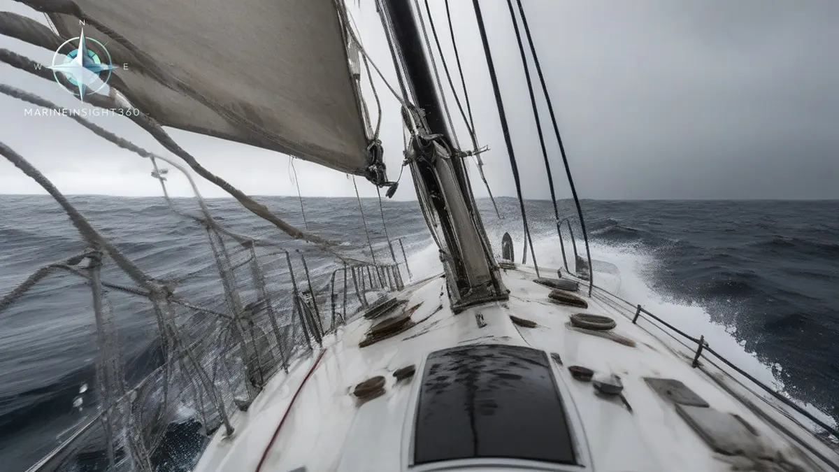 Breaking gray swell seen from the deck of a small yacht crossing the Tasman Sea