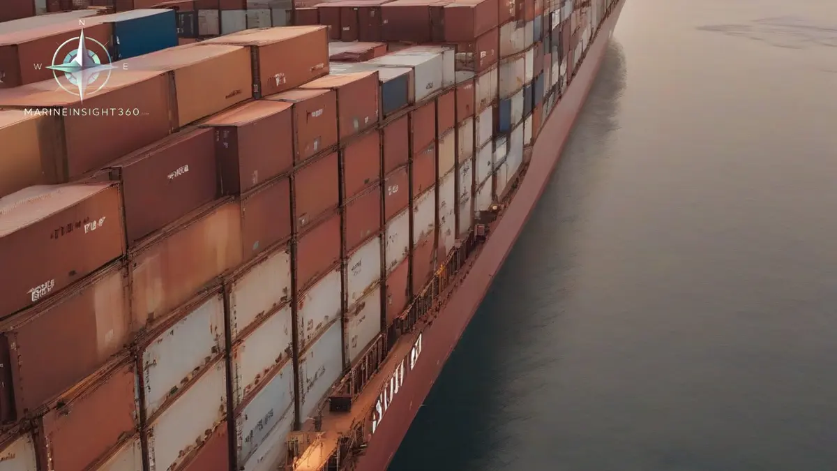 Container ship on the Red Sea trade route at dawn with razor wire rigged along the rails