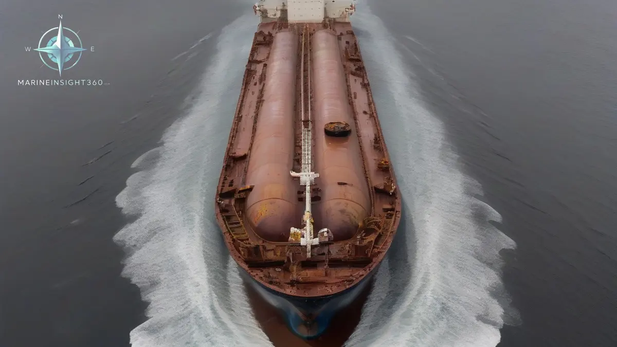 Grounded oil tanker listing off the rocky Oman coast with an oil sheen spreading downwind