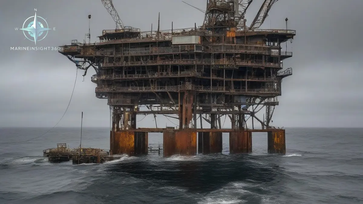 Derelict offshore oil platform eaten with rust standing alone in a grey sea under overcast
