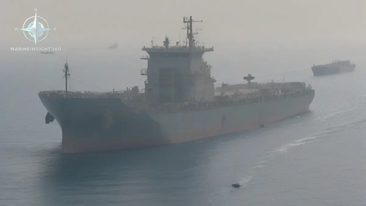 Lookouts in flak vests scanning from a bulk carrier's bridge wing in the hazy southern Red Sea